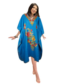 Womens Cotton Kaftan Embroidered Blue Floral Coverup Kimono Dresses L-2X