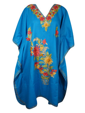Womens Cotton Short Kaftan, Embroidered Blue Floral Fall Boho Kimono Dresses L-2X