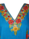 Womens Cotton Short Kaftan, Embroidered Blue Floral Fall Boho Kimono Dresses L-2X