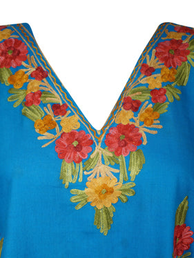 Womens Cotton Short Kaftan, Embroidered Blue Floral Fall Boho Kimono Dresses L-2X