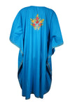 Womens Cotton Short Kaftan, Embroidered Blue Floral Fall Boho Kimono Dresses L-2X