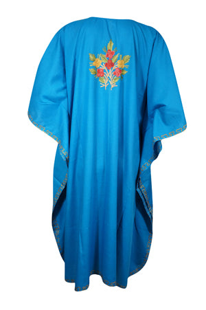 Womens Cotton Short Kaftan, Embroidered Blue Floral Fall Boho Kimono Dresses L-2X
