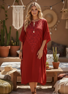 Women’s Red Floral Embroidered Kaftan Dress – Short Kimono Beach Cover Up L-2X