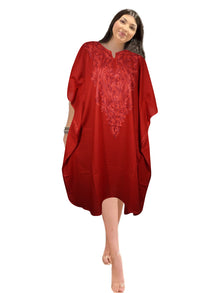  Womens Kaftan Short Dress, Embroidered Floral Beach Cover Up, Red Kimono Dresses L-2X