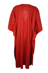 Womens Kaftan Short Dress, Embroidered Floral Beach Cover Up, Red Kimono Dresses L-2X