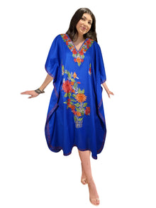  Womens Short Kimono, Kimono dress, Embroidered Blue, Coverup, Caftan Dresses L-2X