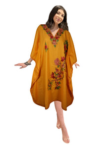  Women's Summer Short Beach Dress, Yellow Embroidered, Oversized Caftan Dresses L-2X
