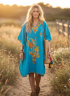 Women’s Blue Cotton Kimono Kaftan Dress | Short Embroidered Beach Caftan L-2X