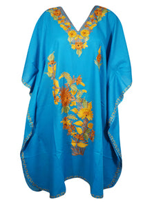  Women Kimono Kaftan Short Dress, Cotton Blue Embroidered Beach Caftan Dresses L-2X