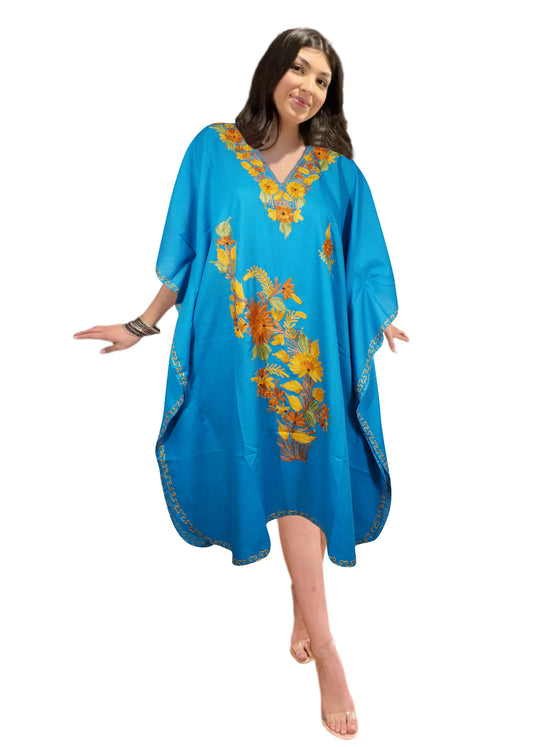 Women Kimono Kaftan Short Dress, Cotton Blue Embroidered Beach Caftan Dresses L-2X