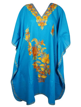 Women Kimono Kaftan Short Dress, Cotton Blue Embroidered Beach Caftan Dresses L-2X