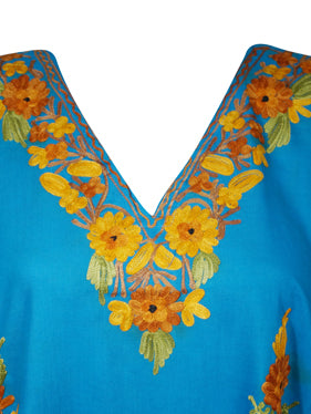 Women Kimono Kaftan Short Dress, Cotton Blue Embroidered Beach Caftan Dresses L-2X