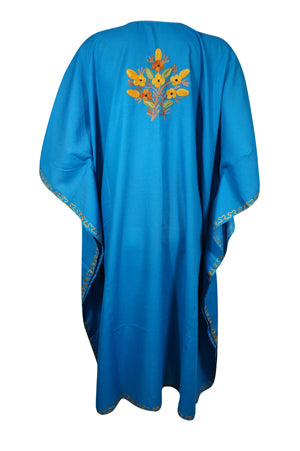 Women Kimono Kaftan Short Dress, Cotton Blue Embroidered Beach Caftan Dresses L-2X
