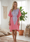 Women’s Pink Embroidered Kaftan Dress | Floral Mid-Length Beach Cover Up  L-2X