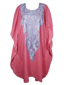  Womens Kaftan Short Dress, Embroidered Floral Beach Cover Up, Pink Kimono Dresses L-2X