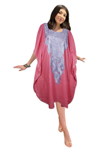  Womens Kaftan Short Dress, Embroidered Floral Beach Cover Up, Pink Kimono Dresses L-2X