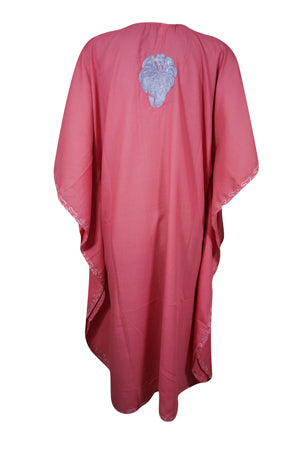 Womens Kaftan Short Dress, Embroidered Floral Beach Cover Up, Pink Kimono Dresses L-2X