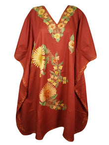  Womens Orange Kaftan Short Dress, Kimono Cotton Embroidered Caftan Dresses L-2X