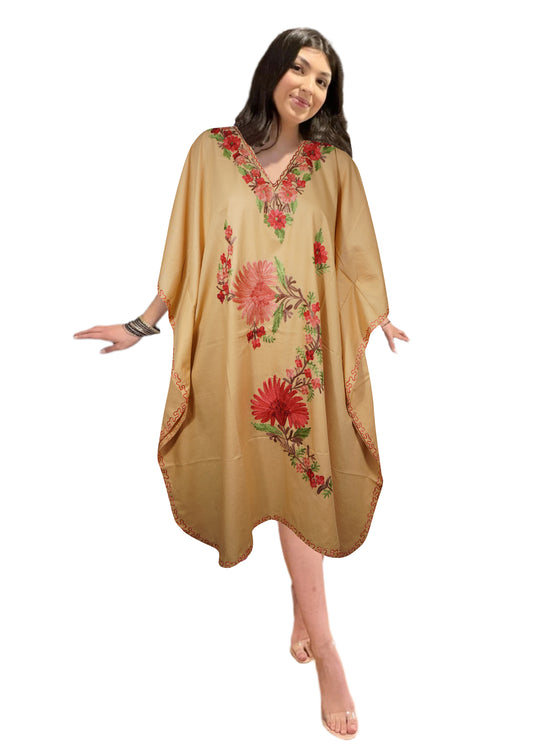 Womens Retro Hippie Beach Kaftan Dress, Peach Short Resort Wear Butterfly Dresses L-2X