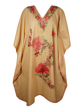 Womens Retro Hippie Beach Kaftan Dress, Peach Short Resort Wear Butterfly Dresses L-2X
