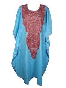  Womens Cotton Short Kaftan, Embroidered Sky Blue Floral Fall Boho Kimono Dresses L-2X
