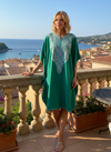 Women’s Midlength Kimono Dress – Embroidered Sea Green Caftan Coverup  L-2X
