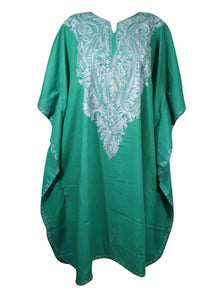  Womens Short Kimono Dress, Embroidered Sea Blue, Coverup, Caftan Dresses L-2X