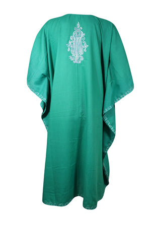 Womens Short Kimono Dress, Embroidered Sea Blue, Coverup, Caftan Dresses L-2X