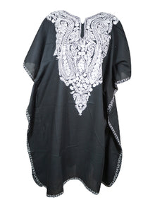  Womens Embroidered Kaftan Short Dress, Black Caftan Kimono Oversized Dresses L-2X