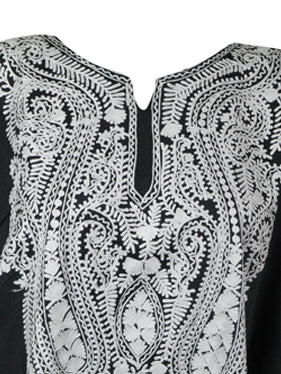 Womens Embroidered Kaftan Short Dress, Black Caftan Kimono Oversized Dresses L-2X
