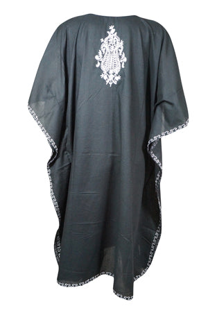 Womens Embroidered Kaftan Short Dress, Black Caftan Kimono Oversized Dresses L-2X