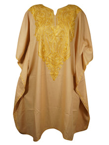  Women Kimono Kaftan Short Dress, Cotton Beige Embroidered Beach Caftan Dresses L-2X