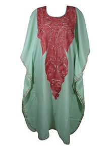  Womens Short Kaftan Dresses, Embellished Mint Green Lounger Cotton Kimono Dress L-2X