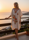 Women’s Short Kaftan Dress – Cotton Embellished White Lounger Cover Up  L-2X