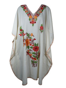  Womens Short Kaftan Dresses, Cotton Embellished White Lounger Cover Up Dress L-2X