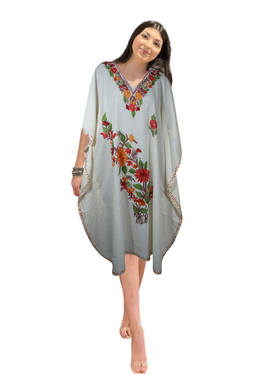 Womens Short Kaftan Dresses, Cotton Embellished White Lounger Cover Up Dress L-2X