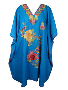  Women Kimono Caftan Dress, Cotton Embroidered Blue Butterfly Dresses L-2X