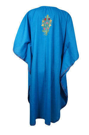Women Kimono Caftan Dress, Cotton Embroidered Blue Butterfly Dresses L-2X