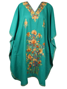 Women Kimono Kaftan Short Dress, Cotton Sea Green Embroidered Caftan Dresses L-2X