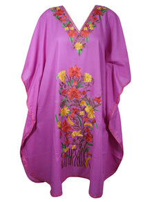  Women Kimono Caftan Dress, Cotton Embroidered Lavender Butterfly Dresses L-2X