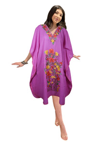  Women Kimono Caftan Dress, Cotton Embroidered Lavender Butterfly Dresses L-2X