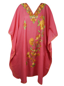  Womens Embroidered Kaftan Short Dress, Cotton Pink Kimono Oversized Dresses L-2X