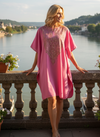 Women’s Pink Embroidered Cotton Kaftan Dress – Knee Length Boho Summer Style L-2X