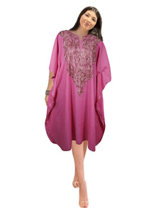  Womens Kaftan Dress, Knee Length, Cotton, Pink Embroidered Caftan Dresses L-2X