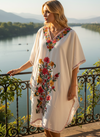Women’s White Butterfly Cotton Kimono Caftan Dress – Embroidered Oversized Boho Style L-2X