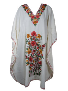  Women Kimono Caftan Dress, Cotton Embroidered White Butterfly Oversized Dresses L-2X