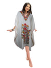Women Kimono Caftan Dress, Cotton Embroidered White Butterfly Oversized Dresses L-2X