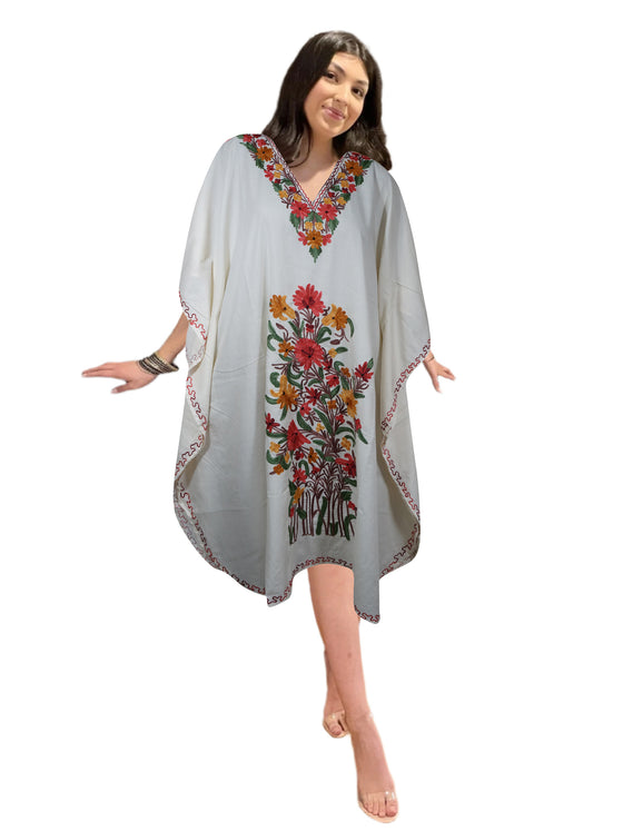 Women Kimono Caftan Dress, Cotton Embroidered White Butterfly Oversized Dresses L-2X
