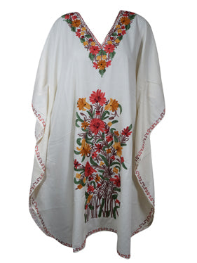 Women Kimono Caftan Dress, Cotton Embroidered White Butterfly Oversized Dresses L-2X