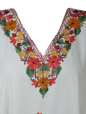 Women Kimono Caftan Dress, Cotton Embroidered White Butterfly Oversized Dresses L-2X